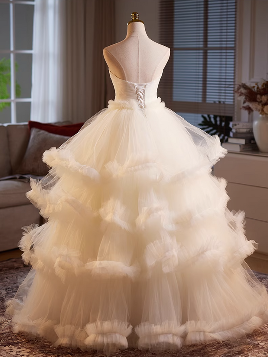 Attractive Strapless A-Line Sweet 16th Gowns Tiered Tulle Prom Dress AP5062