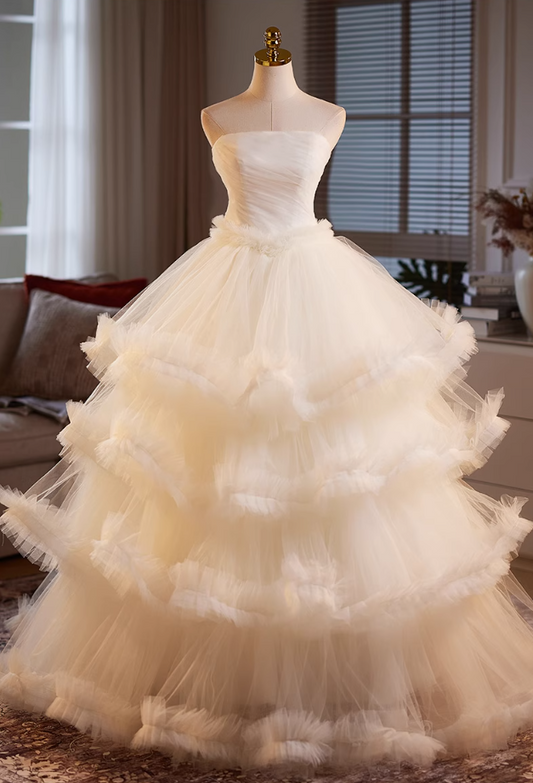 Attractive Strapless A-Line Sweet 16th Gowns Tiered Tulle Prom Dress AP5062