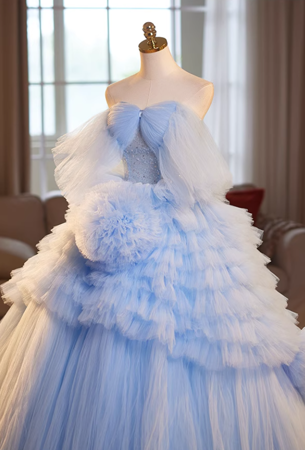Sexy Off-Shoulder A-Line Handmade Flowers Sweet 16th Dresses Sequins Blue Tiered Tulle Prom Dress AP5063