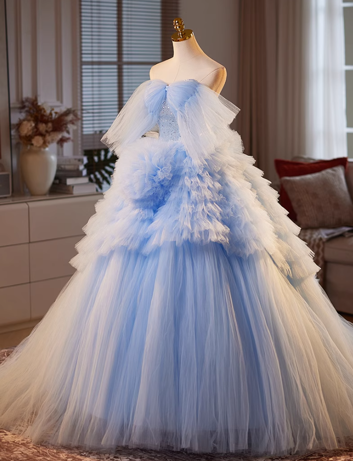 Sexy Off-Shoulder A-Line Handmade Flowers Sweet 16th Dresses Sequins Blue Tiered Tulle Prom Dress AP5063