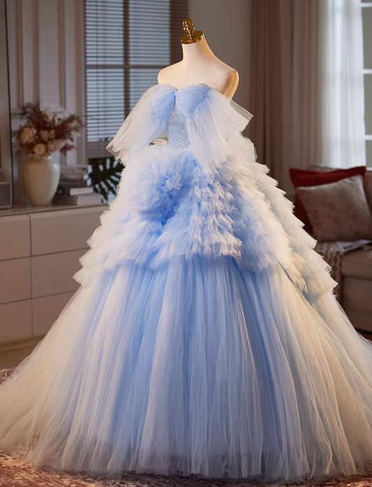 Sexy Off-Shoulder A-Line Handmade Flowers Sweet 16th Dresses Sequins Blue Tiered Tulle Prom Dress AP5063