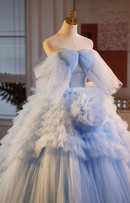 Sexy Off-Shoulder A-Line Handmade Flowers Sweet 16th Dresses Sequins Blue Tiered Tulle Prom Dress AP5063