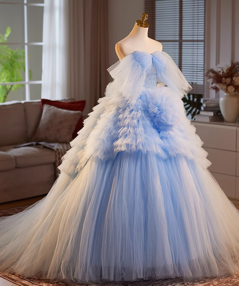 Sexy Off-Shoulder A-Line Handmade Flowers Sweet 16th Dresses Sequins Blue Tiered Tulle Prom Dress AP5063