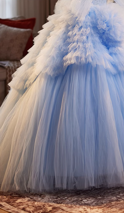 Sexy Off-Shoulder A-Line Handmade Flowers Sweet 16th Dresses Sequins Blue Tiered Tulle Prom Dress AP5063
