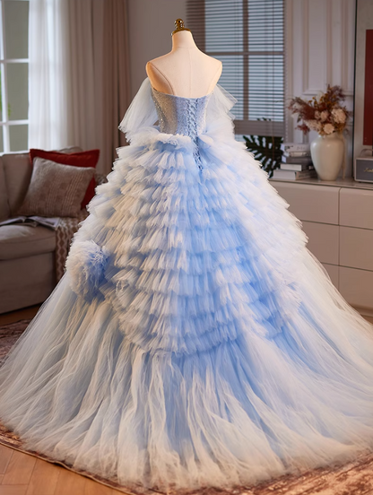 Sexy Off-Shoulder A-Line Handmade Flowers Sweet 16th Dresses Sequins Blue Tiered Tulle Prom Dress AP5063