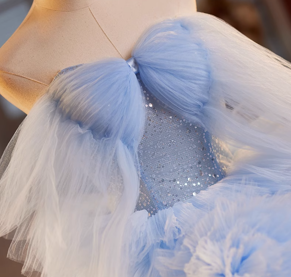 Sexy Off-Shoulder A-Line Handmade Flowers Sweet 16th Dresses Sequins Blue Tiered Tulle Prom Dress AP5063