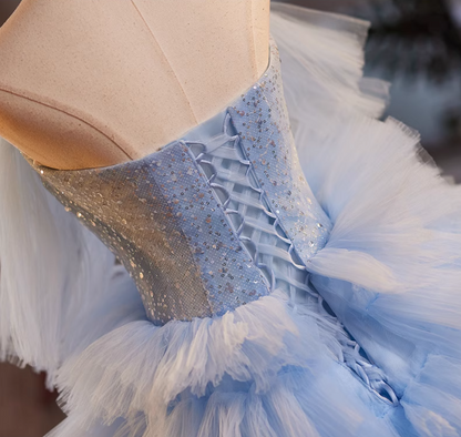 Sexy Off-Shoulder A-Line Handmade Flowers Sweet 16th Dresses Sequins Blue Tiered Tulle Prom Dress AP5063