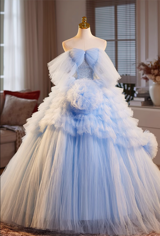 Sexy Off-Shoulder A-Line Handmade Flowers Sweet 16th Dresses Sequins Blue Tiered Tulle Prom Dress AP5063