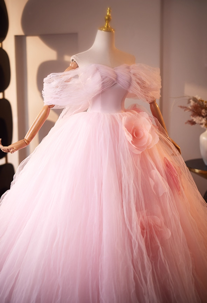 Vogue Off-Shoulder A-Line Handmade Flowers Sweet 16th Dresses Ruffled Pink Tulle Prom Dress AP5064