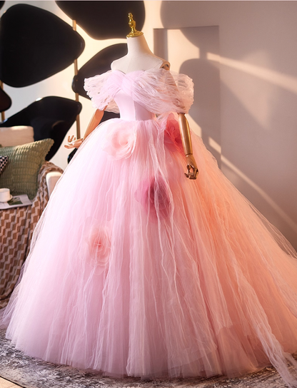 Vogue Off-Shoulder A-Line Handmade Flowers Sweet 16th Dresses Ruffled Pink Tulle Prom Dress AP5064