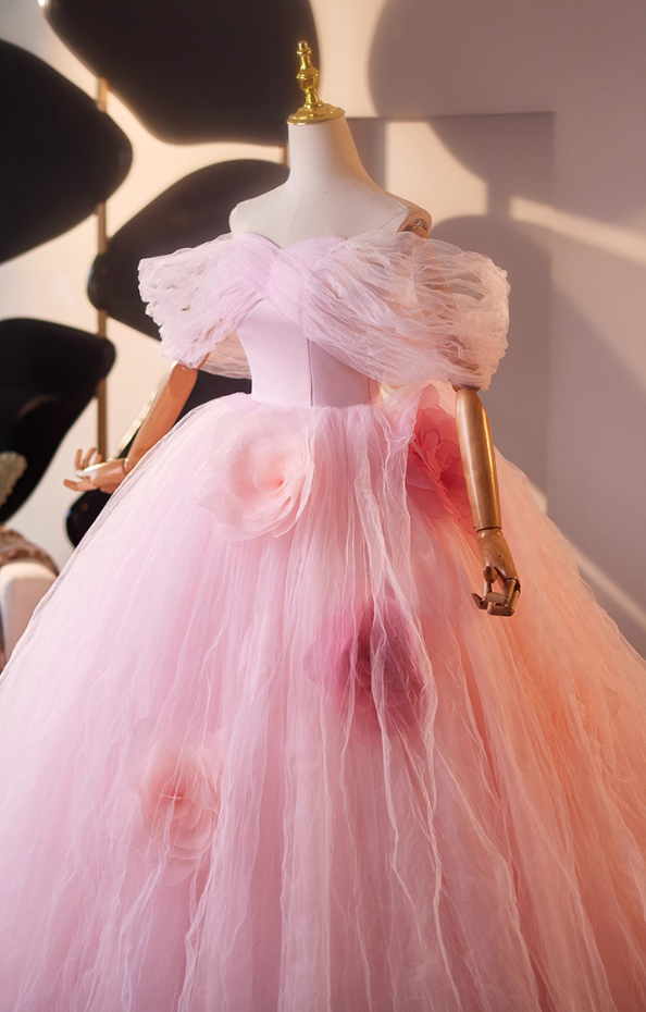 Vogue Off-Shoulder A-Line Handmade Flowers Sweet 16th Dresses Ruffled Pink Tulle Prom Dress AP5064