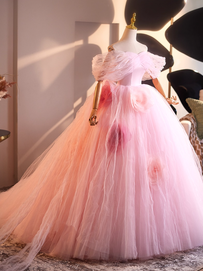 Vogue Off-Shoulder A-Line Handmade Flowers Sweet 16th Dresses Ruffled Pink Tulle Prom Dress AP5064