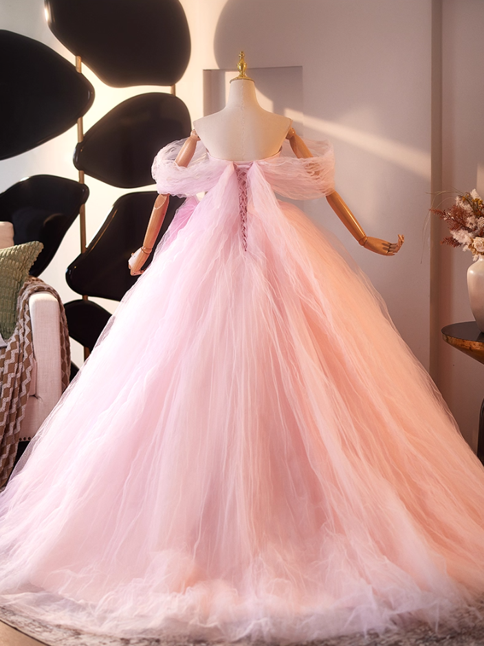 Vogue Off-Shoulder A-Line Handmade Flowers Sweet 16th Dresses Ruffled Pink Tulle Prom Dress AP5064