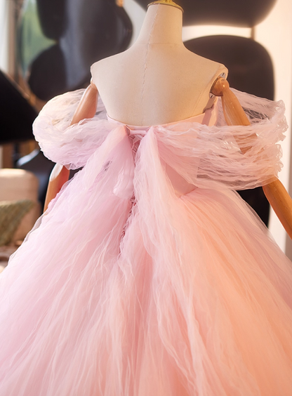 Vogue Off-Shoulder A-Line Handmade Flowers Sweet 16th Dresses Ruffled Pink Tulle Prom Dress AP5064
