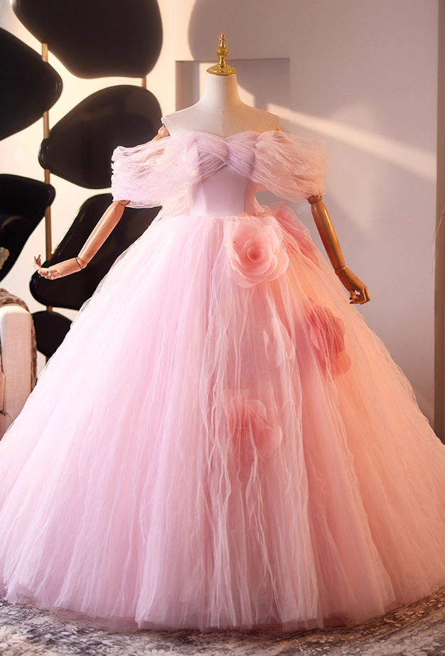 Vogue Off-Shoulder A-Line Handmade Flowers Sweet 16th Dresses Ruffled Pink Tulle Prom Dress AP5064