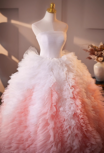 Modern Strapless Ruffles A-Line Sweet 16th Gowns White & Pink Color-Blocked Tulle Prom Dress AP5065