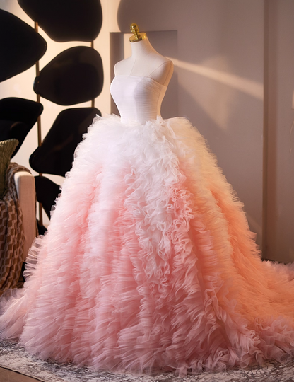 Modern Strapless Ruffles A-Line Sweet 16th Gowns White & Pink Color-Blocked Tulle Prom Dress AP5065