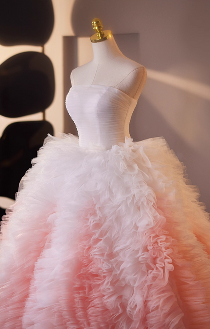 Modern Strapless Ruffles A-Line Sweet 16th Gowns White & Pink Color-Blocked Tulle Prom Dress AP5065