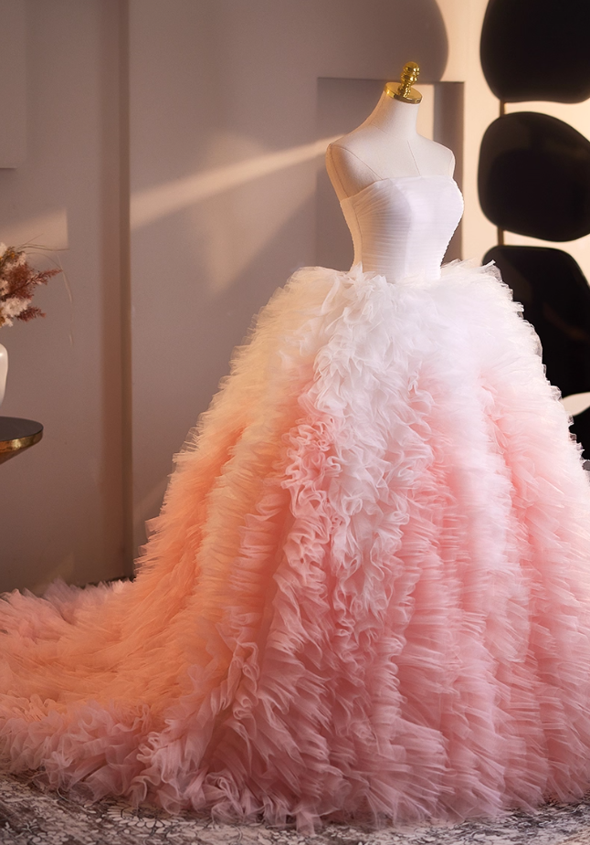 Modern Strapless Ruffles A-Line Sweet 16th Gowns White & Pink Color-Blocked Tulle Prom Dress AP5065