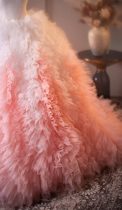 Modern Strapless Ruffles A-Line Sweet 16th Gowns White & Pink Color-Blocked Tulle Prom Dress AP5065