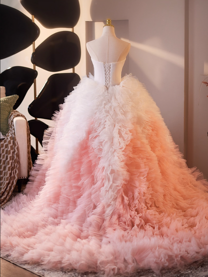 Modern Strapless Ruffles A-Line Sweet 16th Gowns White & Pink Color-Blocked Tulle Prom Dress AP5065