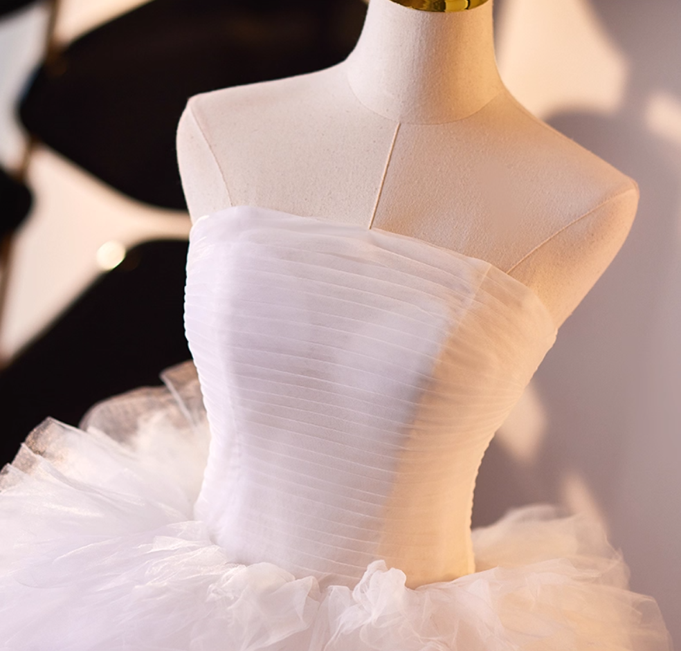 Modern Strapless Ruffles A-Line Sweet 16th Gowns White & Pink Color-Blocked Tulle Prom Dress AP5065
