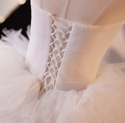 Modern Strapless Ruffles A-Line Sweet 16th Gowns White & Pink Color-Blocked Tulle Prom Dress AP5065