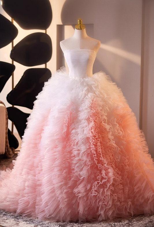 Modern Strapless Ruffles A-Line Sweet 16th Gowns White & Pink Color-Blocked Tulle Prom Dress AP5065