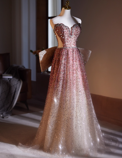 Princess Strapless A-Line Sweet 16th Gowns Sequins Beading Rhinestones Bow Prom Dress AP5066