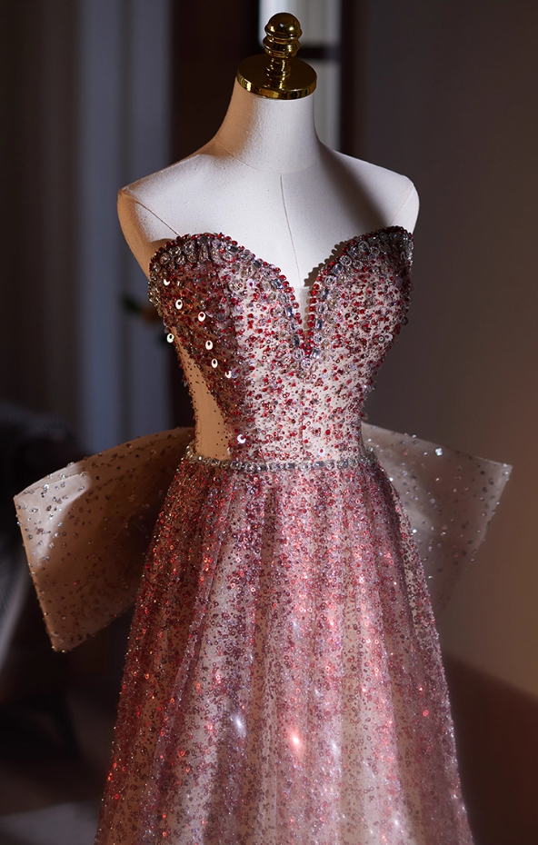 Princess Strapless A-Line Sweet 16th Gowns Sequins Beading Rhinestones Bow Prom Dress AP5066