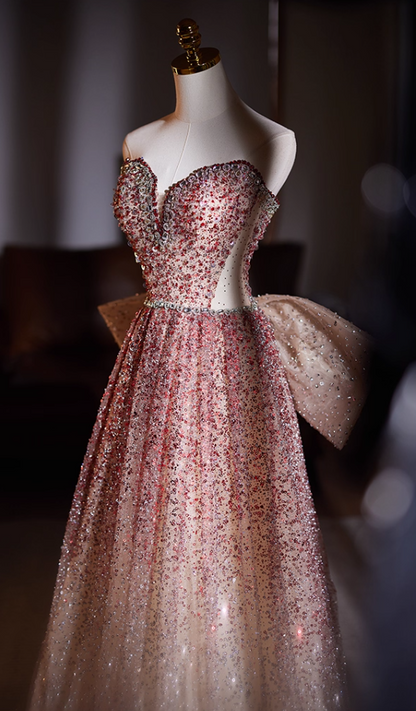 Princess Strapless A-Line Sweet 16th Gowns Sequins Beading Rhinestones Bow Prom Dress AP5066