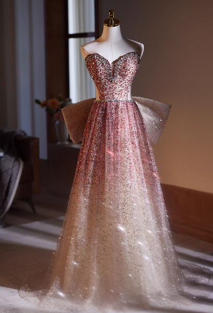 Princess Strapless A-Line Sweet 16th Gowns Sequins Beading Rhinestones Bow Prom Dress AP5066