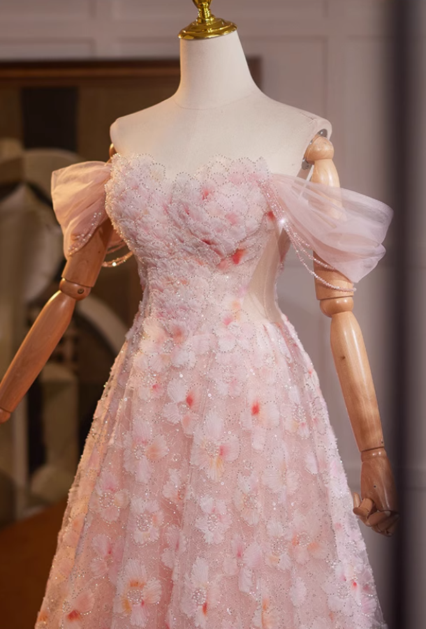 Pretty Off-Shoulder Floral A-Line Sweet 16th Dresses Beading Sequins Prom Dress AP5067