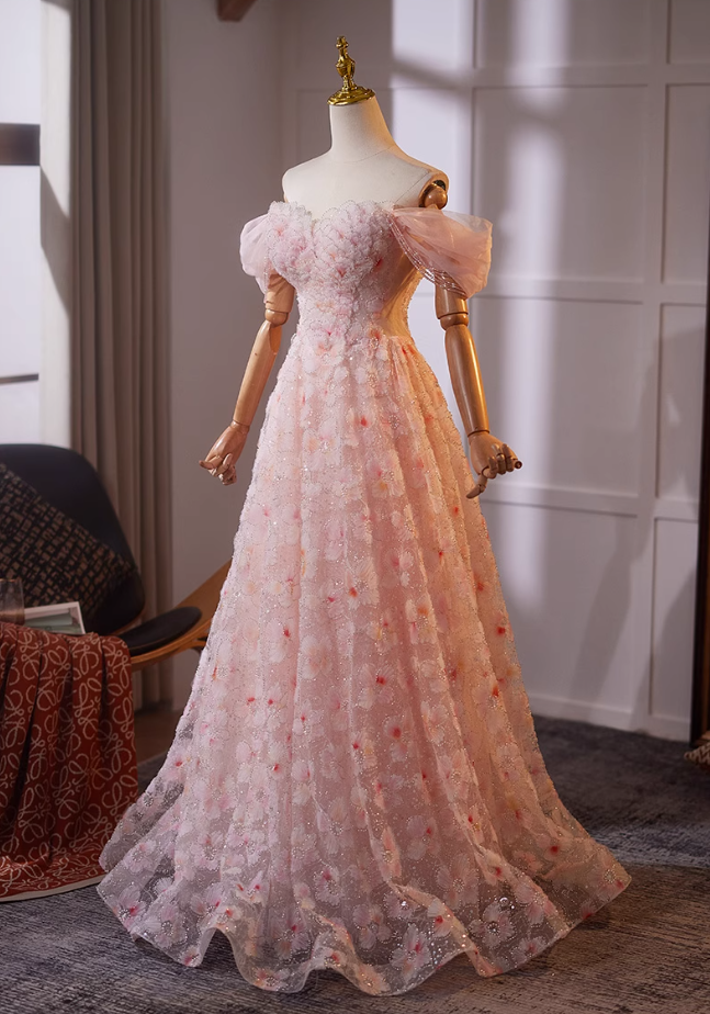 Pretty Off-Shoulder Floral A-Line Sweet 16th Dresses Beading Sequins Prom Dress AP5067