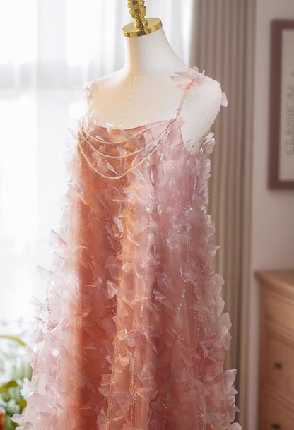 Fancy A-Line Spaghetti Strap Pink Tulle Sweet 16th Evening Gowns Sequins Beading Petals Prom Dress AP5068
