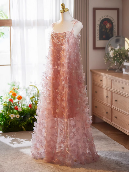 Fancy A-Line Spaghetti Strap Pink Tulle Sweet 16th Evening Gowns Sequins Beading Petals Prom Dress AP5068