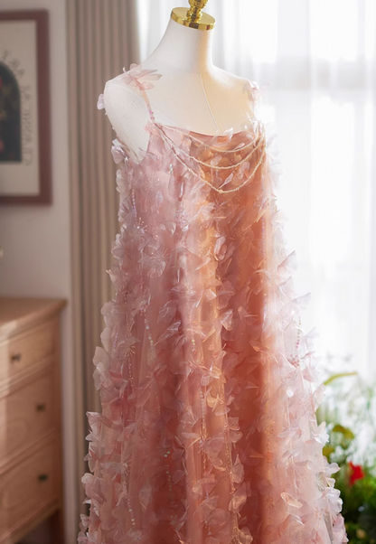 Fancy A-Line Spaghetti Strap Pink Tulle Sweet 16th Evening Gowns Sequins Beading Petals Prom Dress AP5068