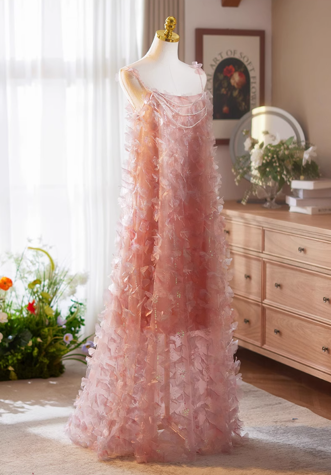 Fancy A-Line Spaghetti Strap Pink Tulle Sweet 16th Evening Gowns Sequins Beading Petals Prom Dress AP5068