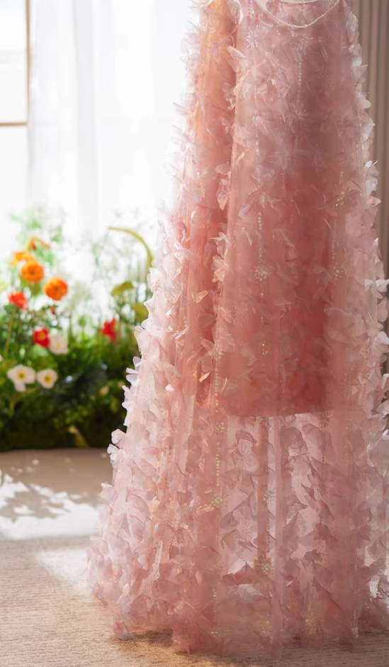 Fancy A-Line Spaghetti Strap Pink Tulle Sweet 16th Evening Gowns Sequins Beading Petals Prom Dress AP5068