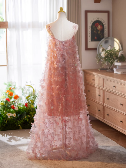 Fancy A-Line Spaghetti Strap Pink Tulle Sweet 16th Evening Gowns Sequins Beading Petals Prom Dress AP5068