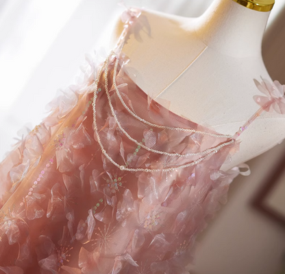 Fancy A-Line Spaghetti Strap Pink Tulle Sweet 16th Evening Gowns Sequins Beading Petals Prom Dress AP5068