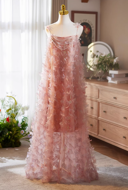 Fancy A-Line Spaghetti Strap Pink Tulle Sweet 16th Evening Gowns Sequins Beading Petals Prom Dress AP5068