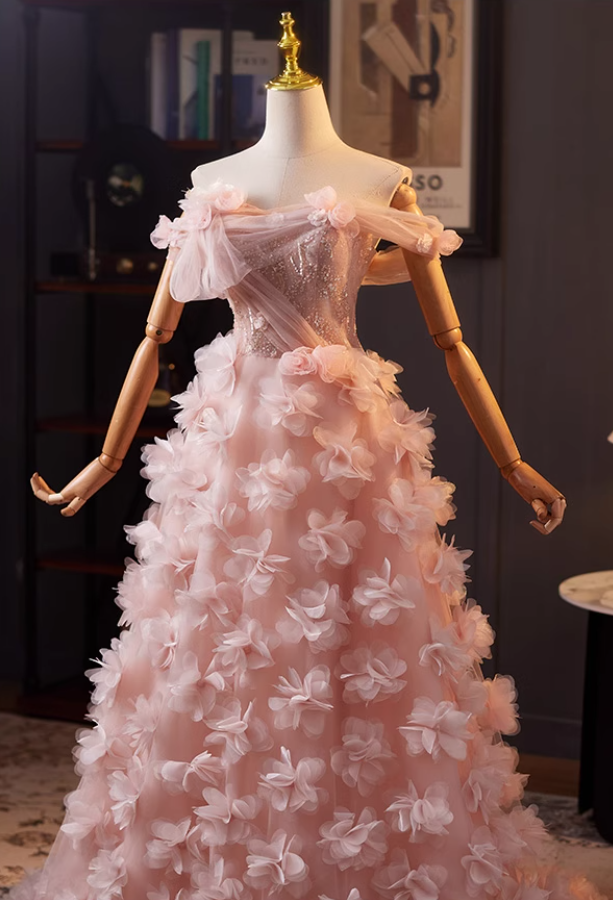 Hottie Off-Shoulder A-Line Pink Tulle Sweet 16th Dresses Appliques Sequins 3D Floral Prom Dress AP5071