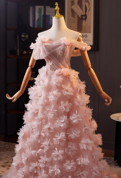 Hottie Off-Shoulder A-Line Pink Tulle Sweet 16th Dresses Appliques Sequins 3D Floral Prom Dress AP5071