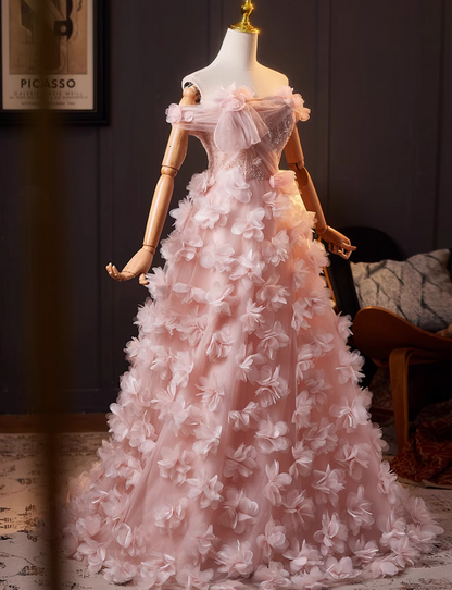 Hottie Off-Shoulder A-Line Pink Tulle Sweet 16th Dresses Appliques Sequins 3D Floral Prom Dress AP5071