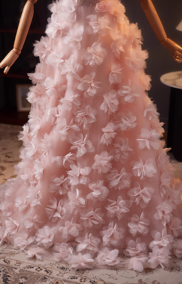 Hottie Off-Shoulder A-Line Pink Tulle Sweet 16th Dresses Appliques Sequins 3D Floral Prom Dress AP5071