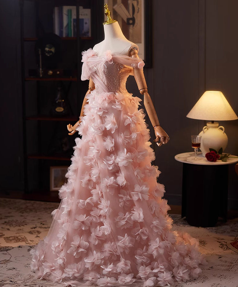 Hottie Off-Shoulder A-Line Pink Tulle Sweet 16th Dresses Appliques Sequins 3D Floral Prom Dress AP5071