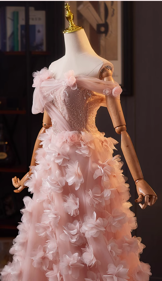 Hottie Off-Shoulder A-Line Pink Tulle Sweet 16th Dresses Appliques Sequins 3D Floral Prom Dress AP5071