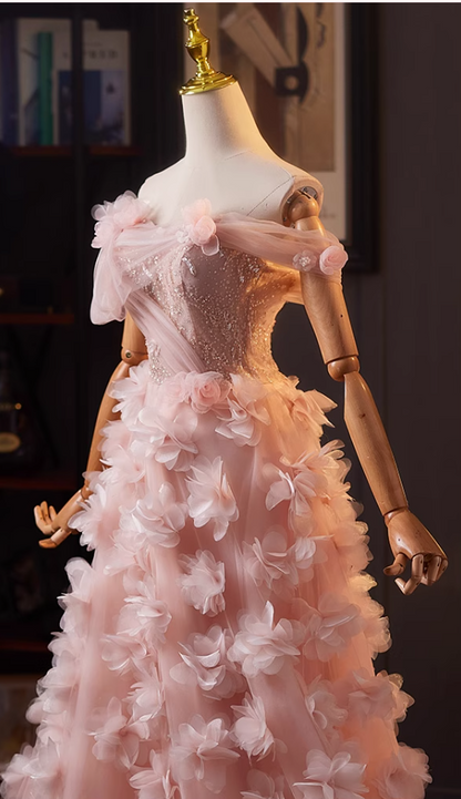 Hottie Off-Shoulder A-Line Pink Tulle Sweet 16th Dresses Appliques Sequins 3D Floral Prom Dress AP5071