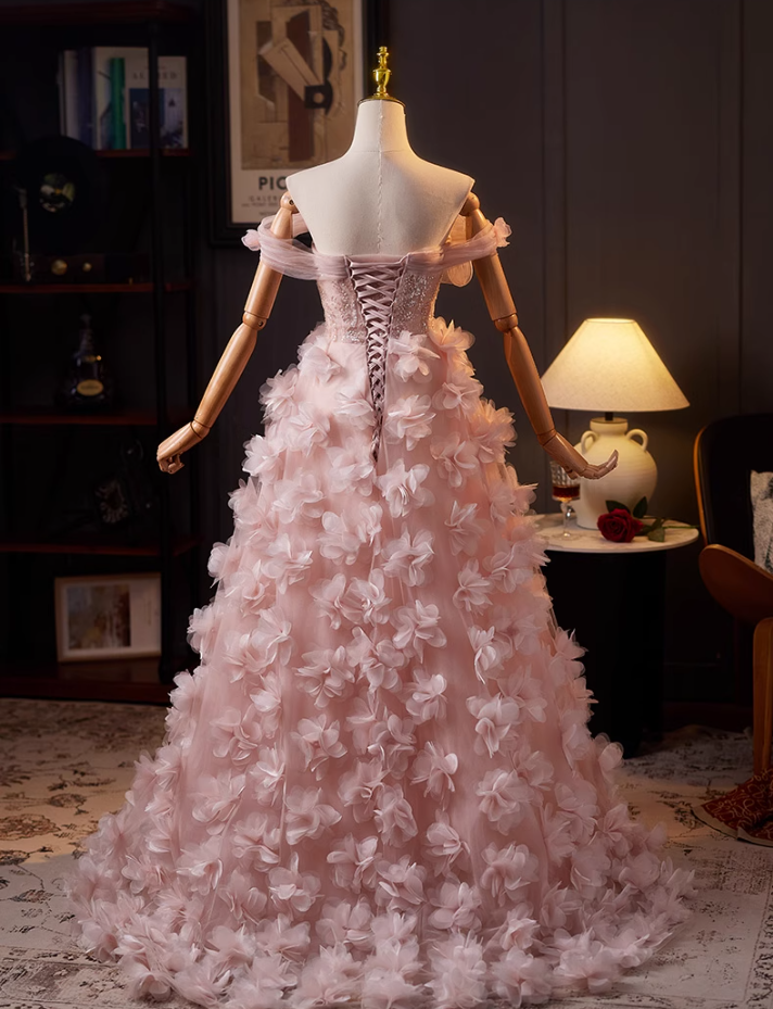 Hottie Off-Shoulder A-Line Pink Tulle Sweet 16th Dresses Appliques Sequins 3D Floral Prom Dress AP5071